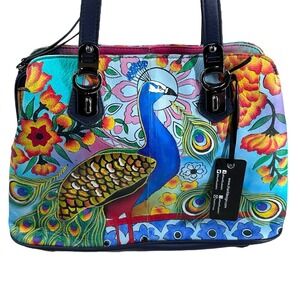 Sharif Hand Painted Genuine Leather Art Deco Handbag & Matching Makeup Pouch